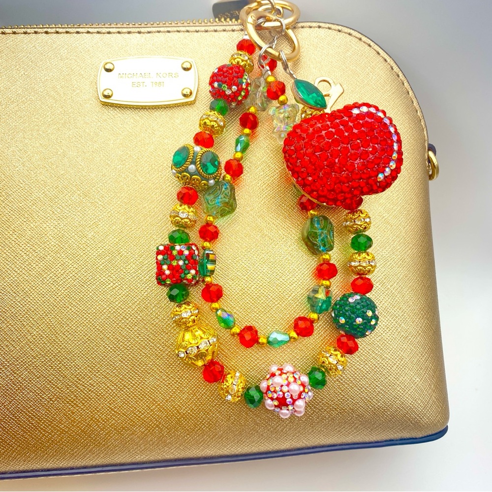 🍎 Luxury Bag/Phone Chain Charm/Keychain Rhinestone RED APPLE Bling Crystal Beads